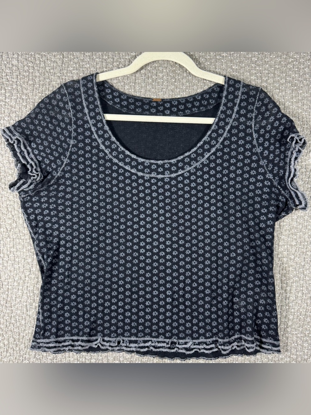 Free People Black Micro Daisy Scoop Neck Short Sleeve Tee
